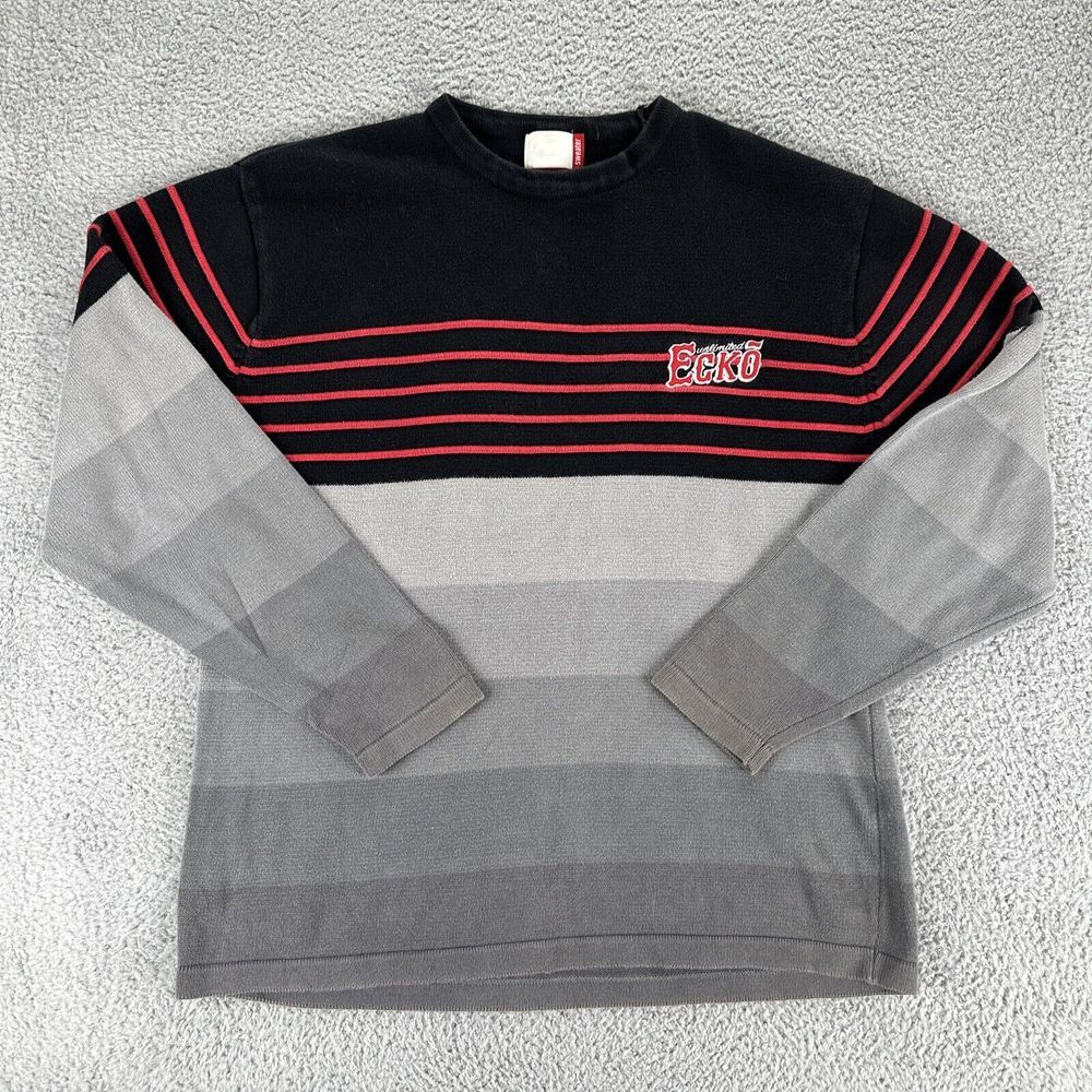 Vtg Y2K Ecko Unlimited‎ Sweater Men XL Black Grey Striped Embroidered